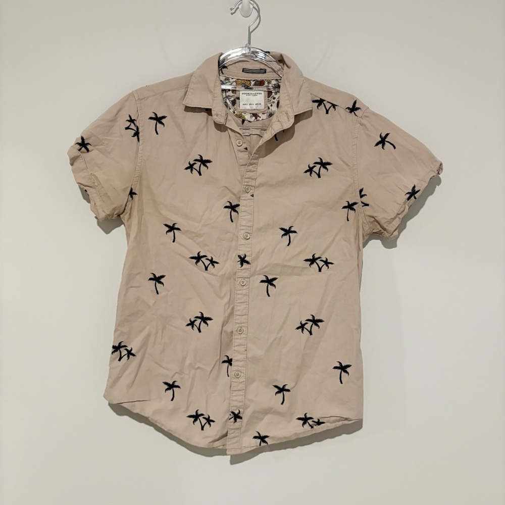 Denim & Flower Ricky Singh palm tree button shirt Short‎ Sleeve tan beige small